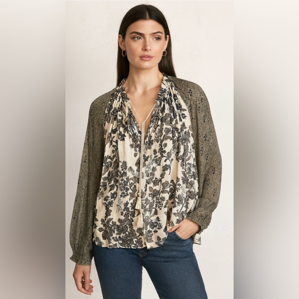 Free People Hendrix Blouse Boho Bubble Sleeves Mixed Floral Print Size medium